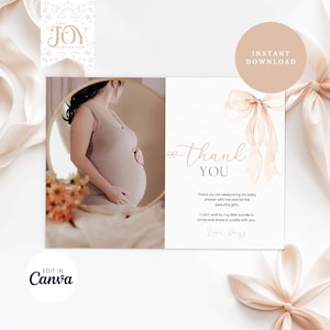 Bow Baby Shower Thank You Card | Editable Templates for Baby Shower | Digital Download | Personalized Notecards | Photo Thank You Cards