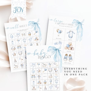 K&ouml;nnte beinhalten: Babyparty-Bingo-Spielset mit blauen Aquarell-Illustrationen. Enth&auml;lt ein Anrufblatt, gro&szlig;e Anrufkarten und Bingokarten. Der Text lautet "Everything you need in one pack."