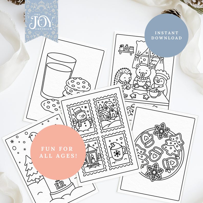 Winter colouring pages with cookies and milk, woodland animals baking, snowman stamps, and cozy houses. Cute printable Christmas colouring sheets for kids and adults. Ideal for holiday crafts, classroom fun, and winter colouring book projects.