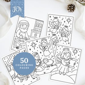 Nativity colouring pages bundle featuring 50 Christian Christmas printable designs, including Joseph working as a carpenter, singing angels, shepherds with sheep, and Baby Jesus in the manger. These Nativity colouring pages are ideal for Sunday School crafts, religious Christmas activities, Bible colouring lessons, and creative Christian colouring time for kids and families.