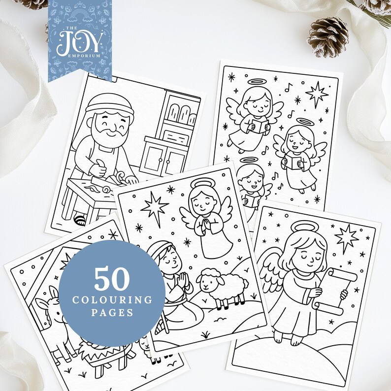 Nativity colouring pages bundle featuring 50 Christian Christmas printable designs, including Joseph working as a carpenter, singing angels, shepherds with sheep, and Baby Jesus in the manger. These Nativity colouring pages are ideal for Sunday School crafts, religious Christmas activities, Bible colouring lessons, and creative Christian colouring time for kids and families.