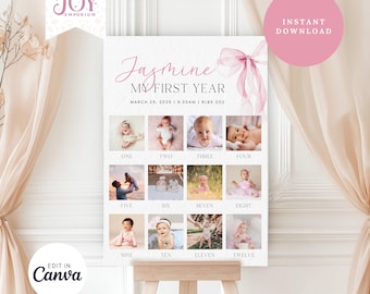 Pink Bow First Birthday Sign | Editable Photo Collage | Monthly Milestone Board | Girl&#39;s 1st Birthday | 1st Birthday Photo Collage