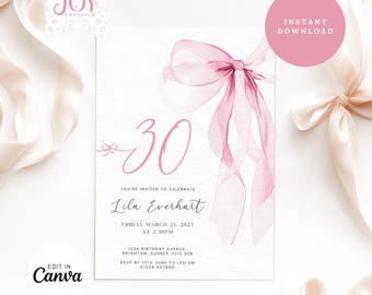 Elegant 30th Birthday Invite | Editable Pink Bow Birthday Invitation | Coquette Party Invite | Coquette Pink Bow 30th Birthday Invitation