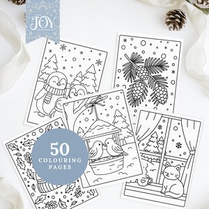 Printable winter colouring pages with penguins, pine cones, birds at a feeder, and cat by the window. Cozy Christmas colouring sheets for kids and adults, ideal for festive crafts, winter printables, and relaxing seasonal activities.