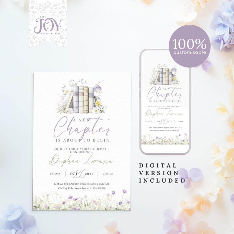Editable template preview in Canva, book-themed invitation