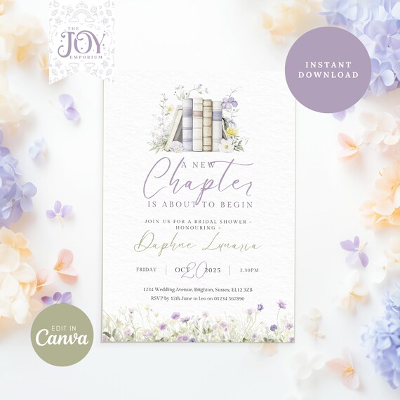 Book Theme Bridal Shower Invitation: Floral Vintage Design (Digital Download)