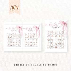 May include: Two pink and white baby shower bingo cards with a pink ribbon and the text "baby bingo". The cards have a 5x5 grid with images of baby items such as a rattle, a bib, a baby bottle, a pacifier, and a baby carriage.