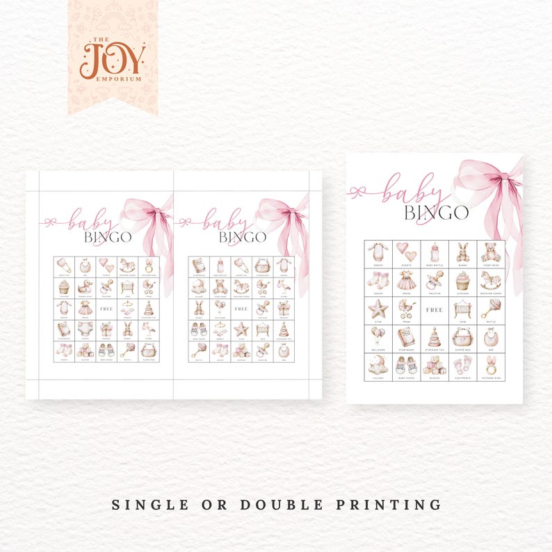May include: Two pink and white baby shower bingo cards with a pink ribbon and the text "baby bingo". The cards have a 5x5 grid with images of baby items such as a rattle, a bib, a baby bottle, a pacifier, and a baby carriage.