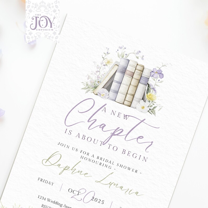 Floral bridal shower invitation design, Close-up of the book-themed invitation