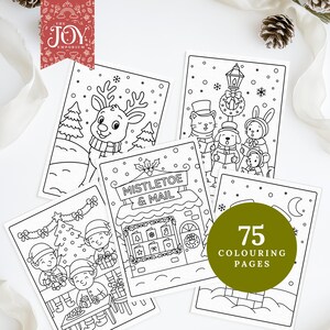 A preview of five hand-drawn Christmas colouring pages showcasing a cute reindeer, winter animal carolers, elves preparing gifts, a snowy mail shop named “Mistletoe & Mail,” and festive night scenes. A green badge states “75 colouring pages,” with neutral ribbon and pinecones adding a cozy holiday touch.