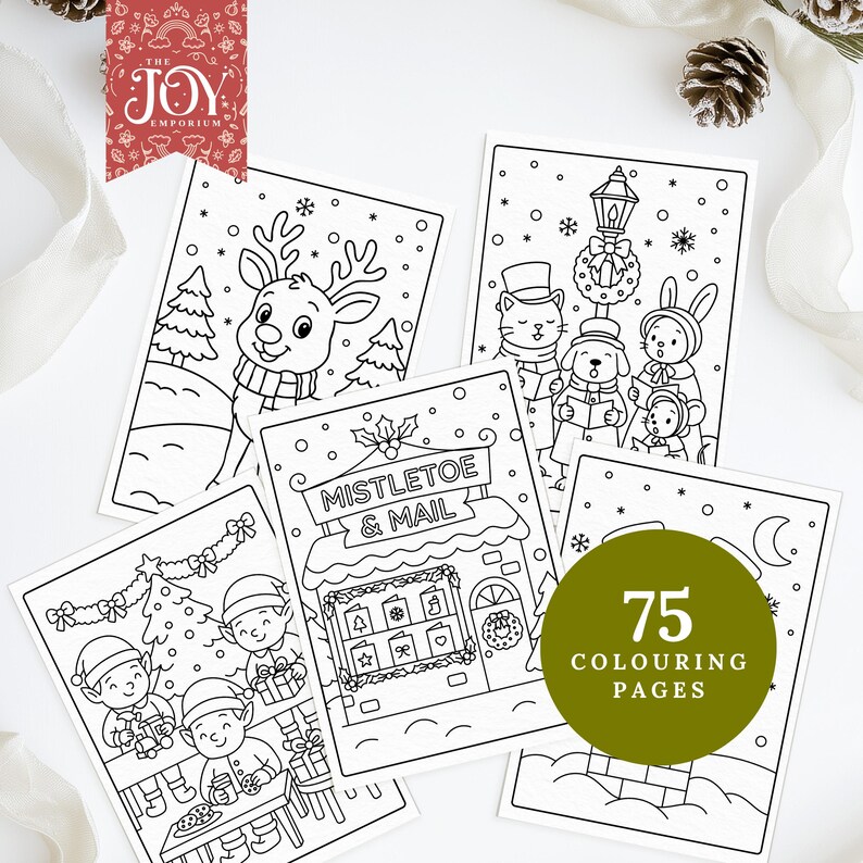 A preview of five hand-drawn Christmas colouring pages showcasing a cute reindeer, winter animal carolers, elves preparing gifts, a snowy mail shop named “Mistletoe & Mail,” and festive night scenes. A green badge states “75 colouring pages,” with neutral ribbon and pinecones adding a cozy holiday touch.