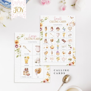 May include: Two printable calling card sheets with a tea party theme. The sheets are decorated with watercolor illustrations of teacups, teapots, cakes, and other tea party items. The text on the sheets reads "Large Calling Cards" and "Small Calling Cards".