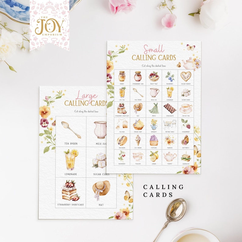May include: Two printable calling card sheets with a tea party theme. The sheets are decorated with watercolor illustrations of teacups, teapots, cakes, and other tea party items. The text on the sheets reads "Large Calling Cards" and "Small Calling Cards".