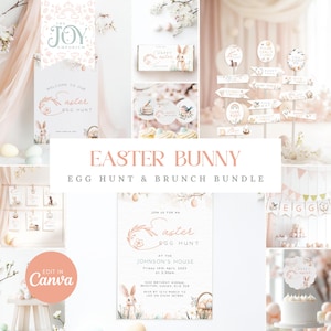 May include: A printable Easter bunny egg hunt and brunch bundle with a pastel pink and green color scheme. The bundle includes an invitation, decorations, and signage. The invitation features a bunny rabbit holding a basket of eggs and the text "Join us for an Easter Egg Hunt at the Johnson's House".