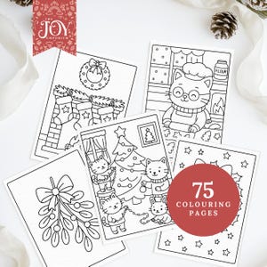 A set of five colouring sheets showing cats baking in a holiday kitchen, decorating a Christmas tree, a wreath over a fireplace, a mistletoe illustration, and a festive border of stars and holly. A red circle reads “75 colouring pages,” complimented by pinecones and ribbon for a soft Christmas backdrop.