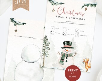 May include: A printable Christmas game for kids. The game is called "Roll a Snowman". Players roll a die and add the corresponding body part to their snowman drawing. The game includes a snowman with a black top hat, a scarf, and buttons. The game also includes a fox.