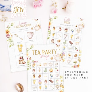 May include: A tea party bingo game with a pink and gold theme. The game includes a call sheet, bingo cards, and calling cards. The cards feature illustrations of tea party items like teacups, teapots, and cakes.