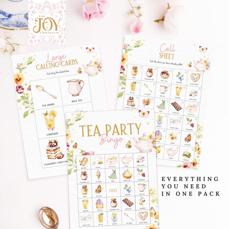May include: A tea party bingo game with a pink and gold theme. The game includes a call sheet, bingo cards, and calling cards. The cards feature illustrations of tea party items like teacups, teapots, and cakes.