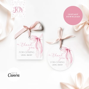 Roze bedankkaartje met strik | Bewerkbaar gunstlabel | Afdrukbare babyshowerkaart | Labels voor feestbedankjes met roze strik | Minimale babyshower | 1e verjaardag