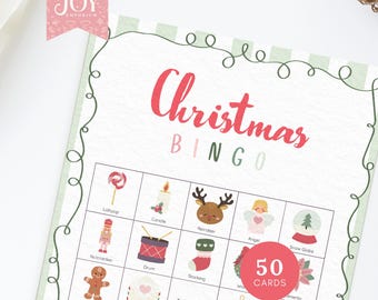 May include: A Christmas Bingo card with images of a lollipop, candle, reindeer, angel, snow globe, nutcracker, drum, stocking, gingerbread man, letter to Santa, a free space, a bauble, and holly. The card is pink and green and says "Christmas Bingo" at the top. There is a red circle at the bottom that says "50 Cards".