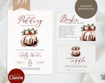 Mall för babyshowerinbjudningar | En liten pudding är på väg | Rosa rosetttema för julbabyshower | För flicka | Vinterbabyshower