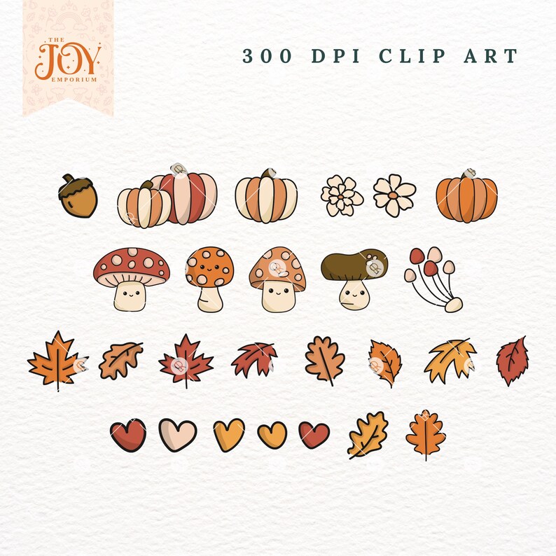 Op de afbeelding: Een verzameling herfst-thema clipart, waaronder pompoenen, paddenstoelen, bladeren, bloemen, eikels en harten. De illustraties zijn in warme herfstkleuren zoals oranje, bruin en rood. De tekst bovenaan luidt "300 DPI CLIP ART".