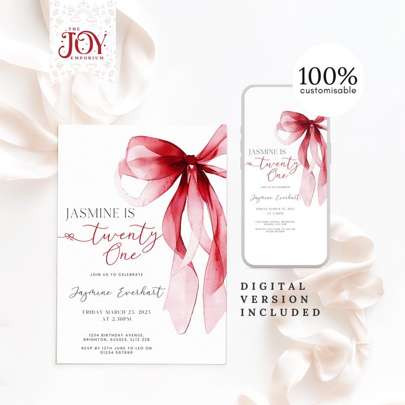 Personalised 21 Red Bow Invite | Editable Birthday Invitation | 21st Birthday Invite | Red Bow 21st Birthday Invite | Coquette Style Party image 2