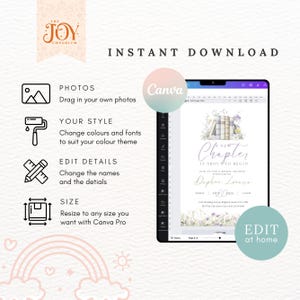 May include: Editable digital template for a bridal shower invitation. The invitation features a watercolor illustration of a stack of books with flowers and the text "A New Chapter is About to Begin".