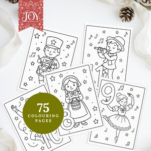 A preview image showing five colouring pages from the “12 Days of Christmas,” featuring a drummer boy, a piper playing a flute, a milkmaid, and a graceful dancing lady. Numbered pages are decorated with stars and music notes. A green badge reads “75 Colouring Pages,” all styled with winter pinecones and soft ribbon.