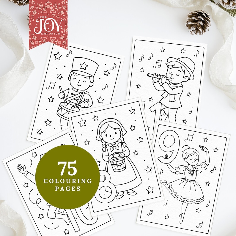 A preview image showing five colouring pages from the “12 Days of Christmas,” featuring a drummer boy, a piper playing a flute, a milkmaid, and a graceful dancing lady. Numbered pages are decorated with stars and music notes. A green badge reads “75 Colouring Pages,” all styled with winter pinecones and soft ribbon.