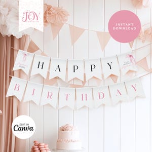 Roze strik verjaardagsbanner | Koketdecoraties | Decoratie eerste verjaardagsfeestje | Aanpasbaar en bewerkbaar | Roze strik eerste verjaardagsbanner
