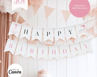 Pink Bow Birthday Banner | Coquette Decorations | First Birthday Party Decor | Customizable and Editable | Pink Bow First Birthday Banner