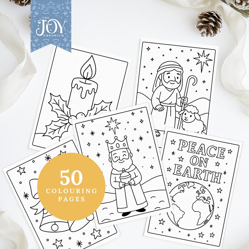 These Nativity colouring pages feature a candle with holly, a shepherd with his lamb, a Wise Man, Christmas bells, and a Peace on Earth Bible verse page. A meaningful Christian Christmas printable for kids, ideal for Sunday School crafts, religious Christmas activities, and Bible colouring time. A wonderful faith-based colouring collection.