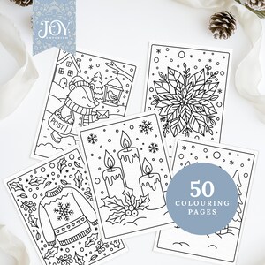 Printable winter colouring pages featuring a bear delivering letters, candles with holly, poinsettia, and Christmas sweater. Festive Christmas colouring sheets for adults and kids, great for cozy winter crafts and relaxing holiday colouring.