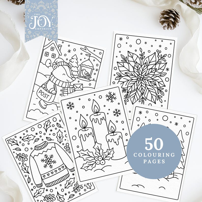 Printable winter colouring pages featuring a bear delivering letters, candles with holly, poinsettia, and Christmas sweater. Festive Christmas colouring sheets for adults and kids, great for cozy winter crafts and relaxing holiday colouring.
