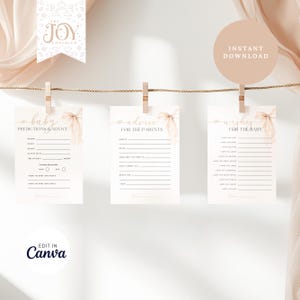 Cartes-conseils beiges pour bébé avec noeud | Prédictions Non Genre Jeu | Amusant baby shower imprimable | Téléchargement instantané | Souhaits baby shower