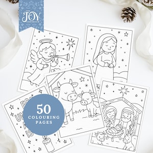This Christian Christmas colouring set includes an angel blowing a trumpet, Mary, cows in the stable, a starry sky, and a full Nativity scene with Baby Jesus. Perfect for Sunday School crafts, Christmas Nativity activities, Bible story colouring, and religious Christmas learning. A heartwarming Nativity printable pack for children and families.