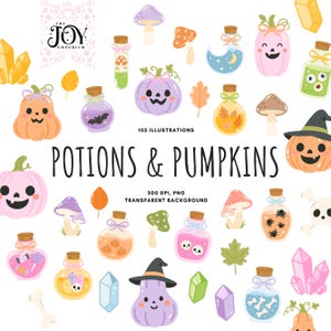 May include: A collection of whimsical illustrations featuring pumpkins, potion bottles, crystals, and mushrooms. The text "POTIONS & PUMPKINS" is displayed prominently. The image includes the text "105 ILLUSTRATIONS" and "300 DPI, PNG TRANSPARENT BACKGROUND".