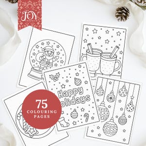 A set of five Christmas colouring pages including a Santa snow globe, holiday mugs with straws, hanging ornaments, festive treats, and a “Happy Holidays” page. A red “75 colouring pages” badge overlays the layout, surrounded by pinecones, ribbon, and soft neutral styling to enhance the Christmas aesthetic.