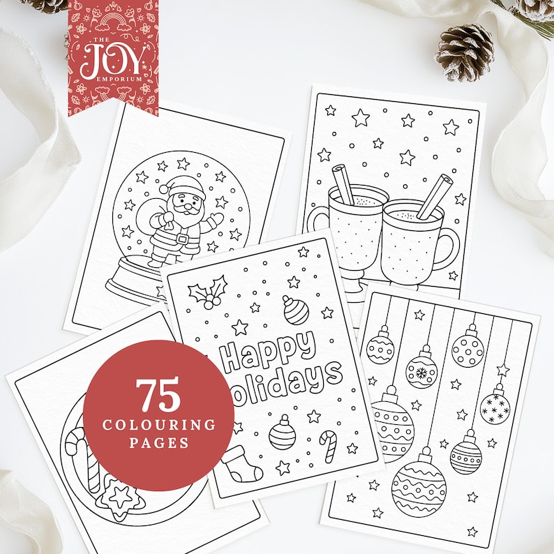 A set of five Christmas colouring pages including a Santa snow globe, holiday mugs with straws, hanging ornaments, festive treats, and a “Happy Holidays” page. A red “75 colouring pages” badge overlays the layout, surrounded by pinecones, ribbon, and soft neutral styling to enhance the Christmas aesthetic.