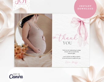 May include: Pink and white watercolor thank you card with a bow and the text "thank you". The card also includes a photo of a pregnant woman in a mirror.