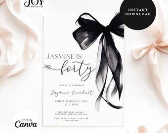 Black Bow Birthday Invitation Template | Editable 40th Birthday Invite | Minimalist Black Ribbon Design | Coquette Black Bow 40th Invitation