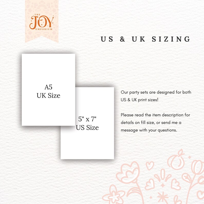 May include: A white card with the text "The Joy Emporium" in orange lettering. The card also has the text "US & UK Sizing" in black lettering. Below the text, there are two white cards with the text "A5 UK Size" and "5" x 7" US Size" in black lettering.