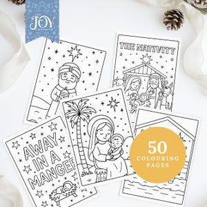 This Nativity colouring pack features Away in a Manger lettering, Mary holding Baby Jesus, Wise Men illustrations, stable scenes, and classic Christianity-inspired Christmas artwork. Ideal for Christian Christmas activities, Sunday School crafts, Bible story colouring, and religious printables for kids. A complete Nativity colouring set celebrating the Christmas story.
