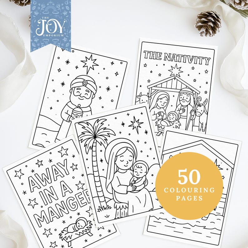 This Nativity colouring pack features Away in a Manger lettering, Mary holding Baby Jesus, Wise Men illustrations, stable scenes, and classic Christianity-inspired Christmas artwork. Ideal for Christian Christmas activities, Sunday School crafts, Bible story colouring, and religious printables for kids. A complete Nativity colouring set celebrating the Christmas story.