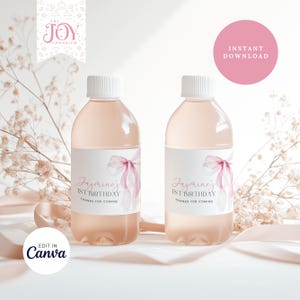 Pink Bow Water Bottle Labels | Editable Birthday Decor | Printable Water Bottle Stickers | Perfect for 1st Birthday | Customizable Favors