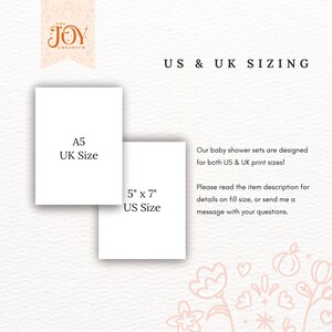May include: A white card with the text "US & UK SIZING" in black. Below the text are two white cards with the text "A5 UK Size" and "5" x 7" US Size".