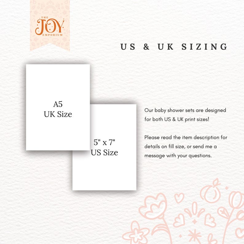 May include: A white card with the text "US & UK SIZING" in black. Below the text are two white cards with the text "A5 UK Size" and "5" x 7" US Size".
