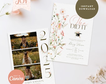 Wildflower Graduation Invitation: Photo Grad Party Announcement (Canva Template)