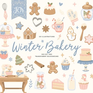 Puede incluir: Ilustraciones de repostería de invierno, incluyendo hombres de jengibre, cupcakes y una tarta de dos pisos. La imagen presenta una paleta de colores claros y el texto "Winter Bakery" y "251 Illustrations".
